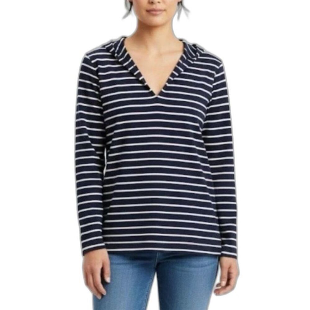 Vineyard Vines Women's Navy White Striped Preppy V-Neck LS Hoodie Size XS